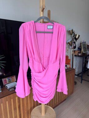 RNWY Pink Ruched Bell-Sleeve Mini Dress